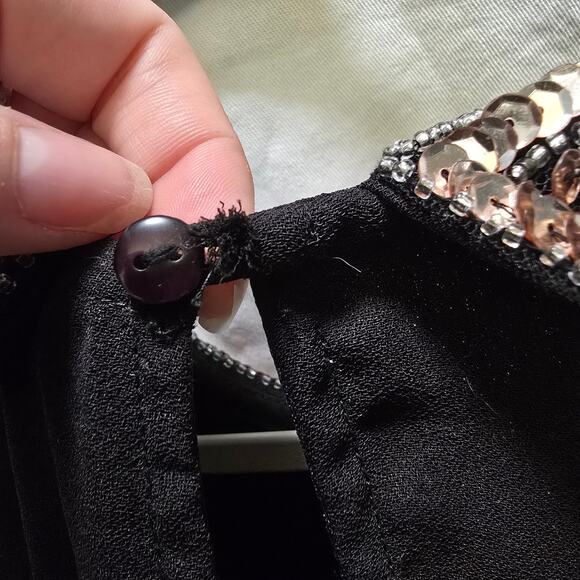 Modcloth black chiffon knee length sleeveless dress gold sequin beaded collar XL - Picture 13 of 13